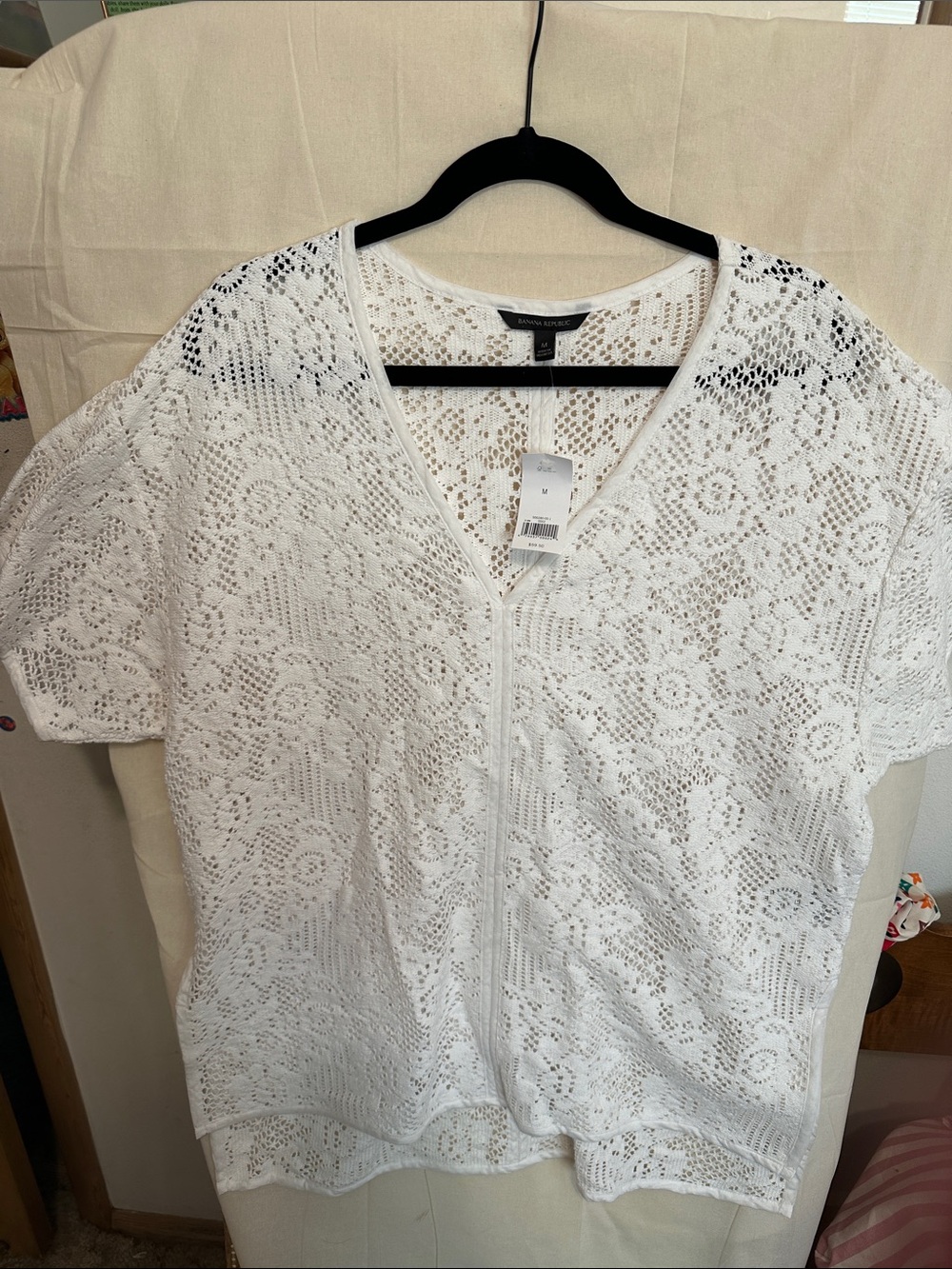 Banana Republic White Crochet Zip-Front Short Sleeve Tunic